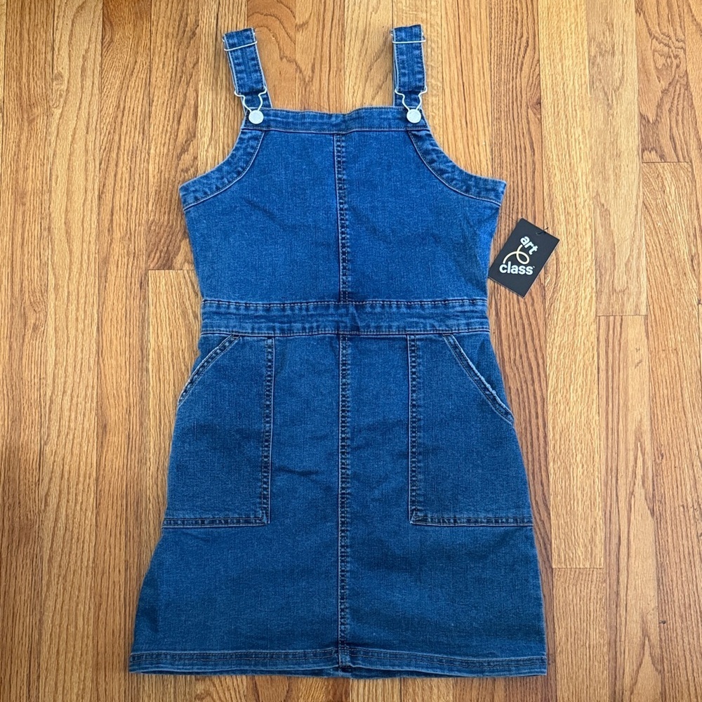 Art Class Girls Denim Overall Dress Size L 10/12 Medium Dark Wash NWT